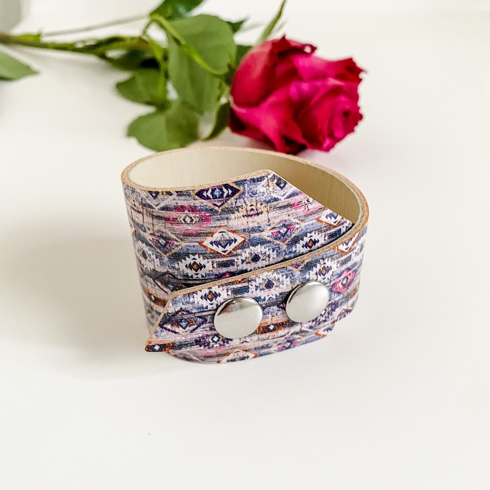 Women’s Western Leather Cuff Bracelet Southwestern Aztec Print, Rodeo Maximalism